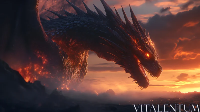 Molten scaled dragon head over volcanic horizon at dusk.