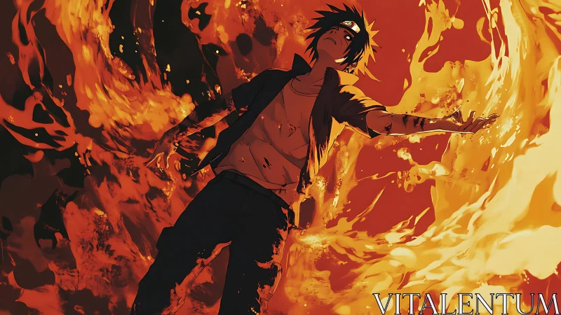 Anime fighter stands in swirling orange flames, defiant.