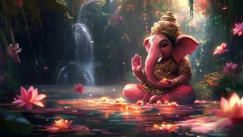 Gentle elephant deity rests in a glowing lotus forest pool