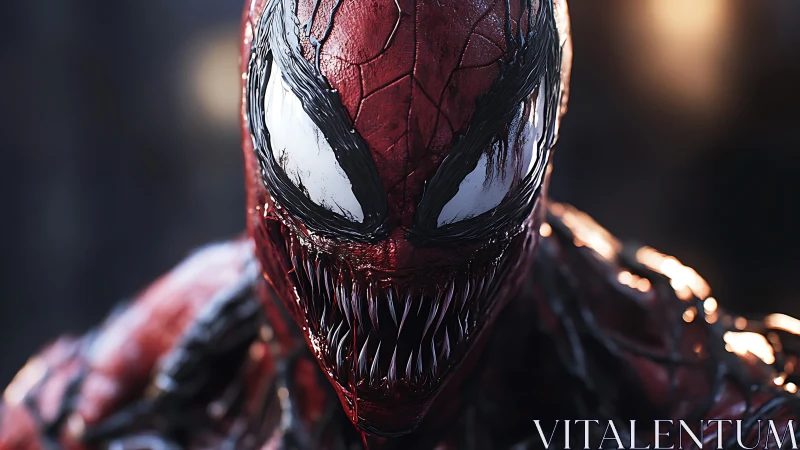 Ferocious red symbiote leans close with menacing sharp grin