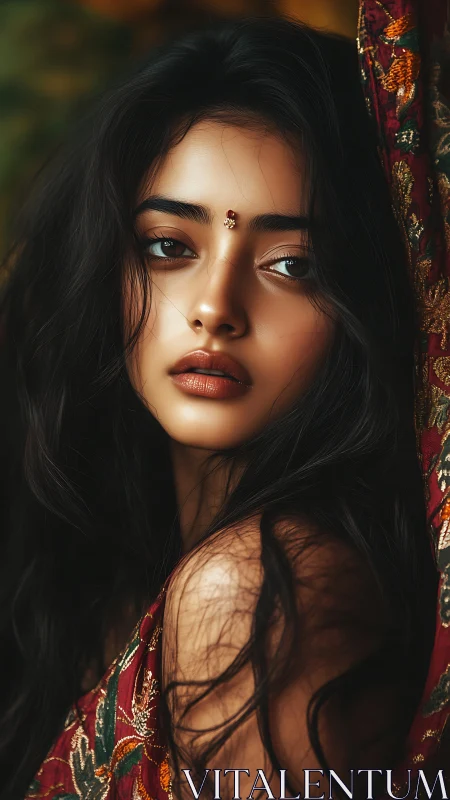 Portrait shows woman with long dark hair in patterned fabric