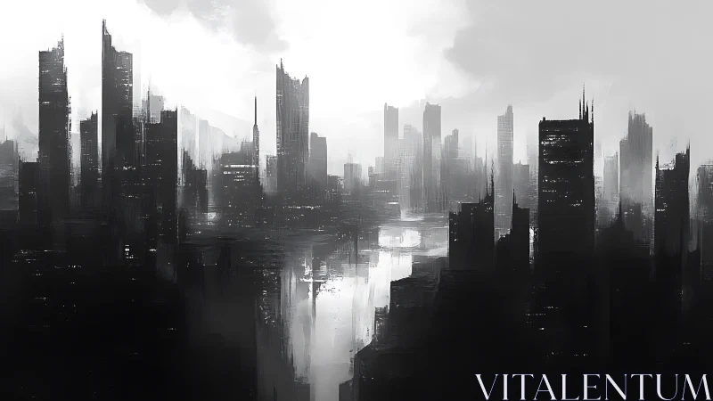 Monochrome parametric megacity skyline in atmospheric haze.