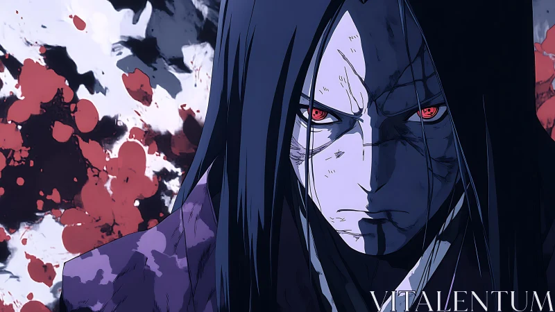Anime character with red eyes stares forward against splatter backdrop