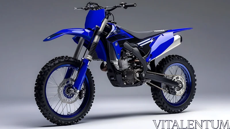 Blue off road motorcycle studio side profile render image.