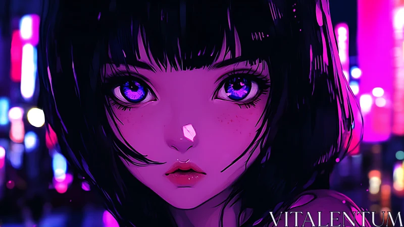 Neon city lights frame a wistful anime girl’s glowing gaze