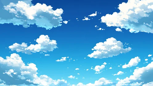 Bright blue sky with scattered fluffy white clouds.