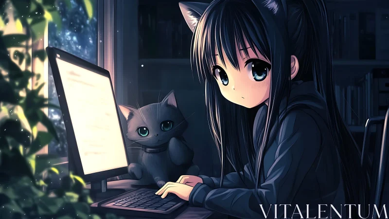 Quiet night coding with curious cat and glowing screen.