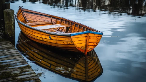 Sunlit wooden rowboat rests quietly on mirrored harbor water