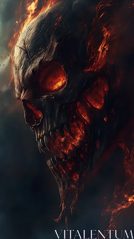 Fiery skull spirit grinning through swirling smoke and ash.