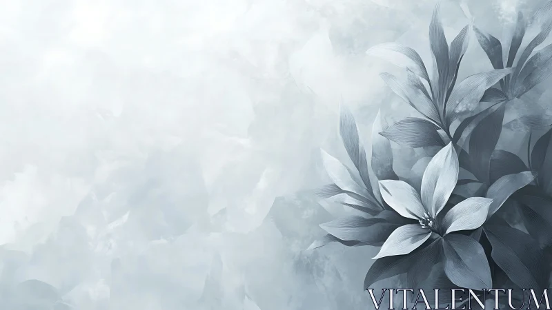 Monochrome botanical illustration with soft abstract background.