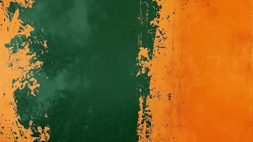 Textured green and orange abstract color field painting.