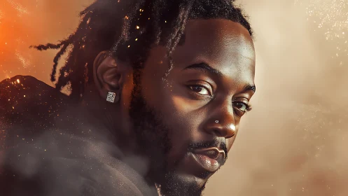 Portrait of man with nose piercing and warm glow.