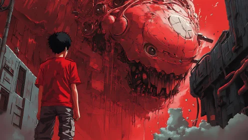 Boy confronts colossal red biomech kaiju in urban canyon.