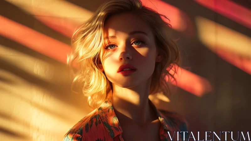 Young woman in directional sunset light with shadow bands.