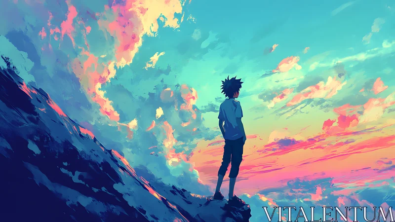 Skygazing teen savors a dreamy pastel sunset horizon