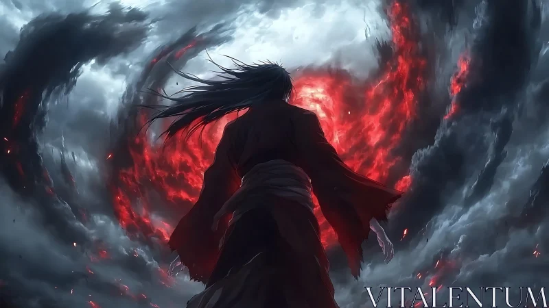 Dark mage commands swirling red vortex in storm sky