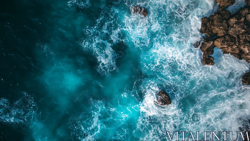 Aerial coastal surf turbulence with textured rock geometry.