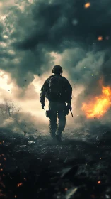Lone soldier advances through fiery battlefield storm