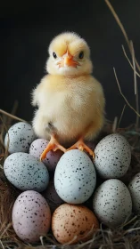 Macro-rendered hatchling atop speckled eggs in nest environment.