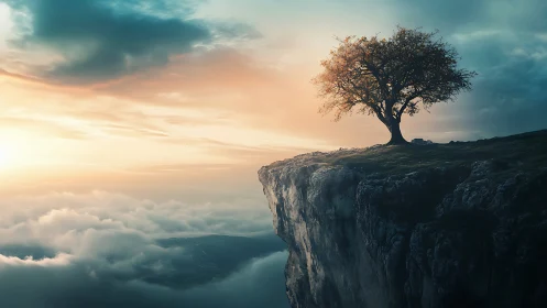 Solitary cliffside tree over cloud sea at glowing sunrise.