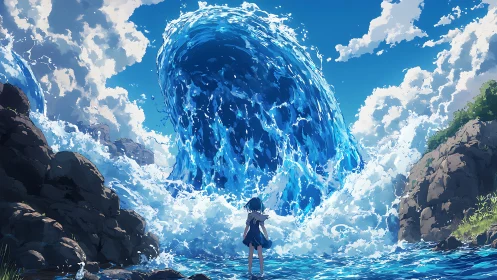 Girl confronts towering wave between rocky coastal cliffs.