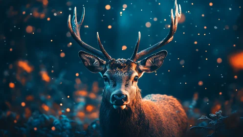 Gentle stag glowing in a dreamy blue and amber forest night.