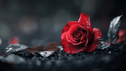 High-contrast macro study of dew-covered red rose on dark ground