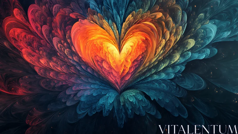 Fractal heart plume with fiery center and teal wings.