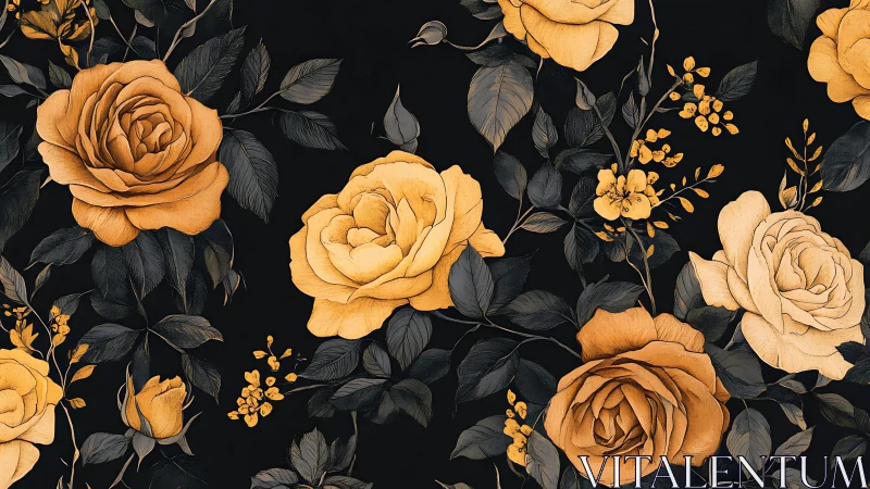 Golden Roses on Black: Vintage Floral Pattern Design