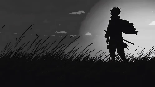 Monochrome samurai silhouette in high-contrast dusk field.