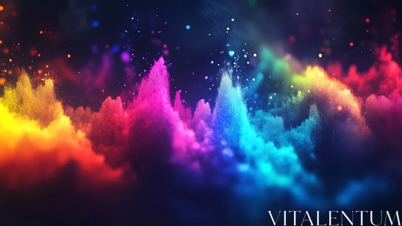 Prismatic color clouds erupt across a dark digital void.