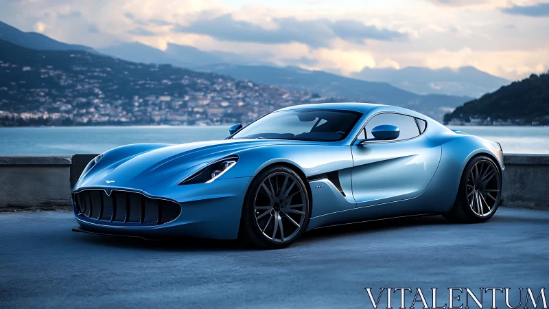 Blue luxury sports coupe stands parked beside coastal bay