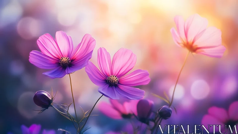 Cosmos Flowers in Bloom Shine Through Dreamy Summer Light.
