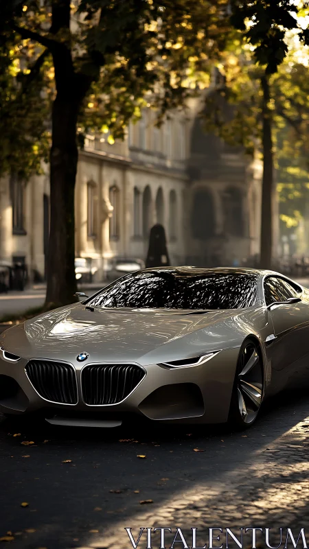 Silver BMW concept car is parked on a shaded city street