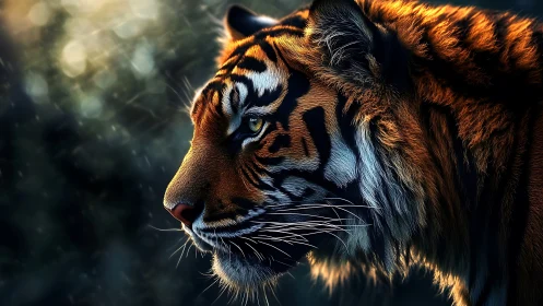 Ember-lit tiger profile in rain-soaked twilight silence.