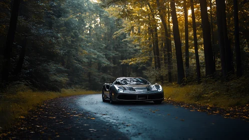 Silver sports car on empty forest road at dusk.