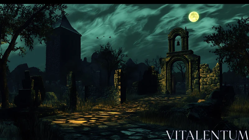 Digital gothic ruin under moonlit sky with archway focus.