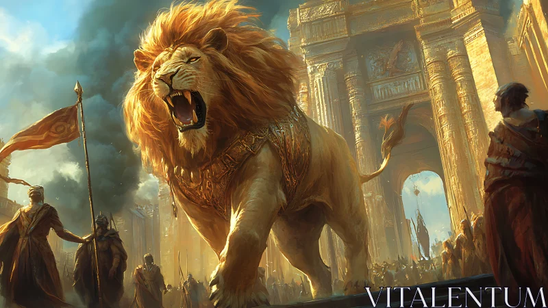 Regal war lion roars before monumental sunlit gates.