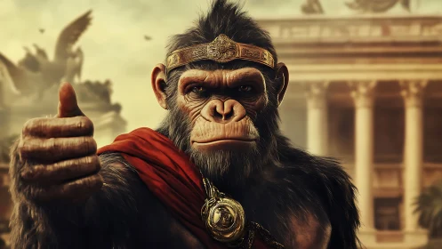 Triumphant simian emperor offers a golden thumbs-up salute.