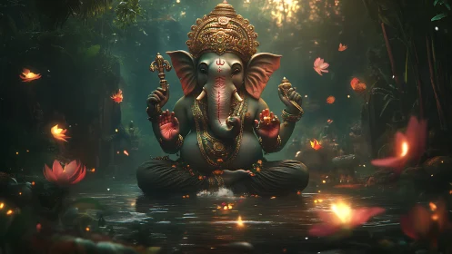 Ganesh figure seated in forest pool with floating lotuses.