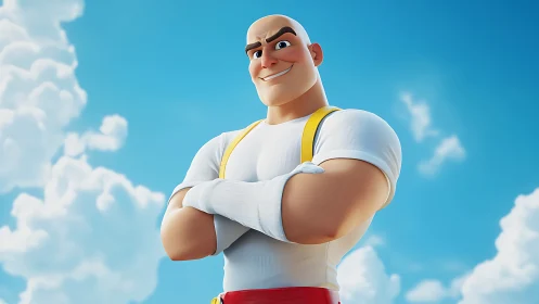 Confident Cartoon Hero Smiling Beneath Bright Blue Skies.