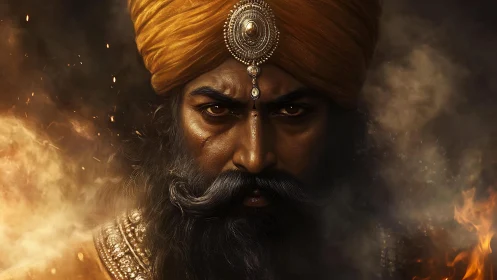 Warrior portrait with jeweled turban amid rising embers and smoke