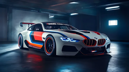 BMW race car rendered in dark garage with accent lighting