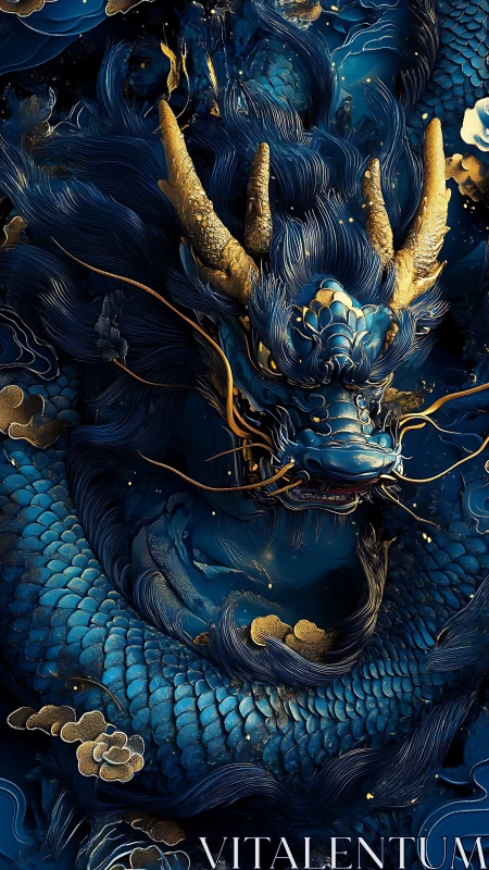 Majestic cobalt dragon coils through shimmering gold accents.