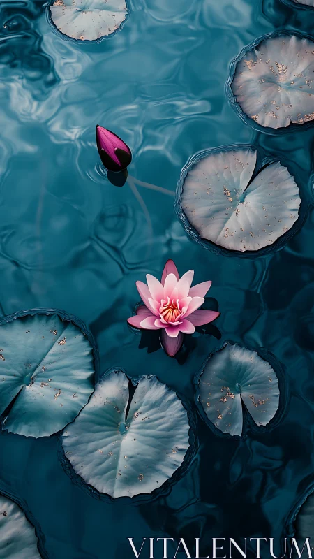 Solitary lotus blooms loudly against quietly rippling teal water