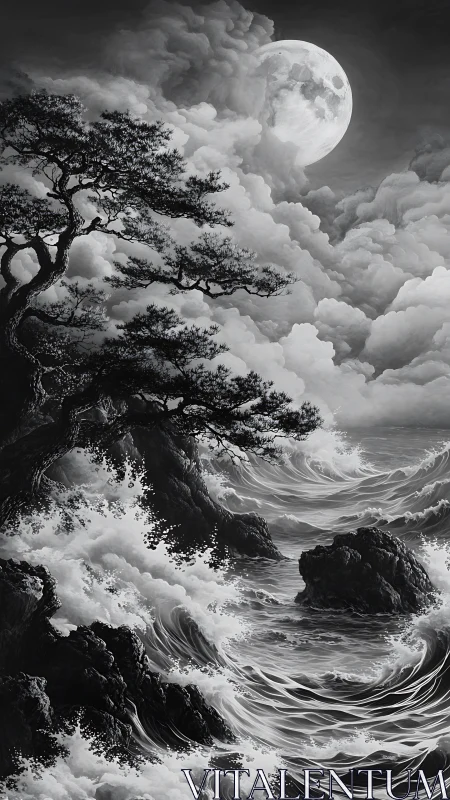 Moonlit storm over whispering pines and restless sea.