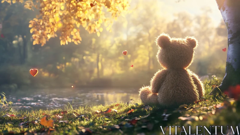 Teddy bear watches golden autumn sunrise beside calm pond