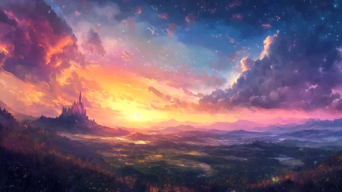 Radiant fantasy citadel at sunset over vast painted valley