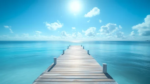 Straight wooden pier extending into calm blue seascape.