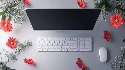 Minimalist desktop workspace with bright flowers and iMac.